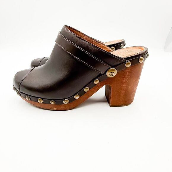 Chanel CC Studded Leather Platform Clogs Mules Chunky Heel EU 38 - Picture 4 of 12
